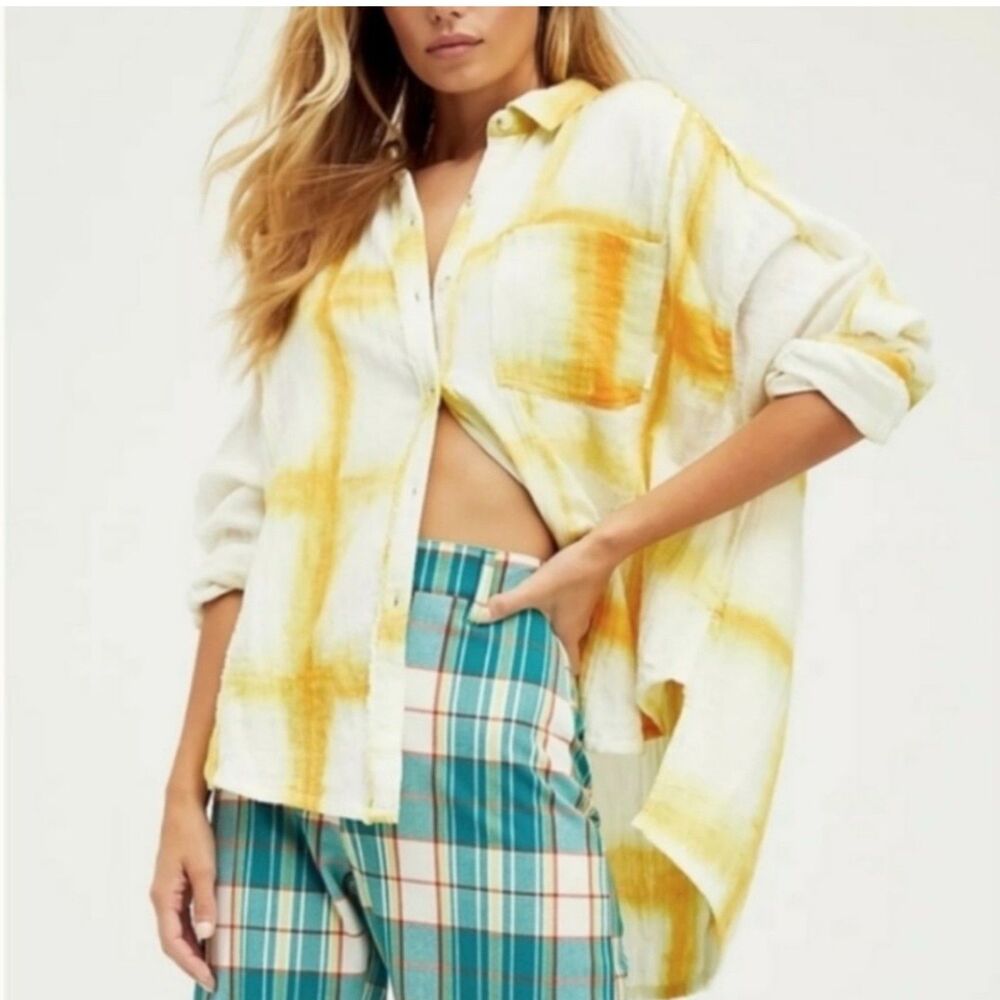 We The Free People Yellow Tie Dye Cotton Gauze Button Down Shirt Womens XS